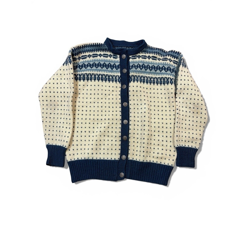 Unbranded Nordic Fair Isle Cardigan Women M Cream Blue Good Wool Metal Buttons
